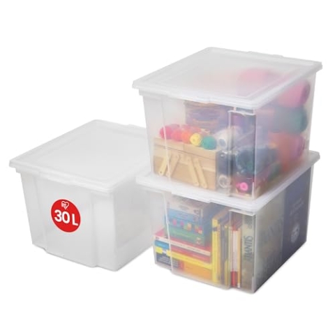 Iris Ohyama Vielseitige Aufbewahrungsboxen, 30L, 3er-Set, Transparent, Leicht schließba Deckel, Stapelbar, Plastik, Für Schrank, Regale, Organisation, Kleidung, Bettlaken, Garage, USB-M