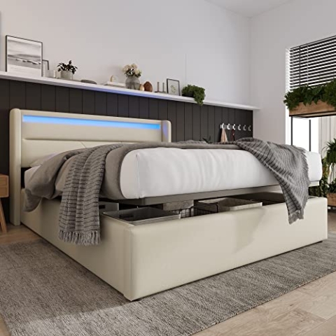 OKYION Boxspringbett Hydraulisches 140 x 200 cm mit LED-Beleuchtung, Polsterbett Doppelbett Stauraumbett mit Bettkasten Stauraum, PU Weiß (Ohne Matratze)