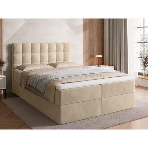 BROMARKT Boxspringbett mit Bettkasten Polsterbett mit Bonell-Matratze und Topper Doppelbett mit Stauraum Bett für Schlafzimmer gepolstertes Kopfteil Detroit 140x200 Härtegrad H3 Samtstoff Beige