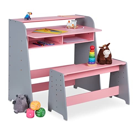Relaxdays Kindertisch mit Sitzbank, 2 Fächer, höhenverstellbarer Kinderschreibtisch, HxBxT: 88 x 90 x 48 cm, rosa/grau
