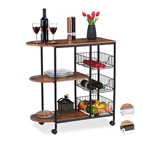 Relaxdays Servierwagen, Küchenwagen mit 3 Ablagen & 3 Körben, Industrial, Metall & MDF, HBT: 84x83x37 cm, schwarz/braun, 1 Stück