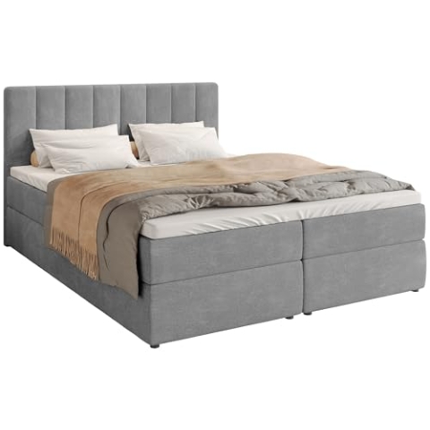 BROMARKT Boxspringbett mit Bettkasten Polsterbett mit Bonell-Matratze und Topper Doppelbett mit Stauraum Bett für Schlafzimmer gepolstertes Kopfteil Denver 160x200 Härtegrad H3 Flachgewebe Hellgrau