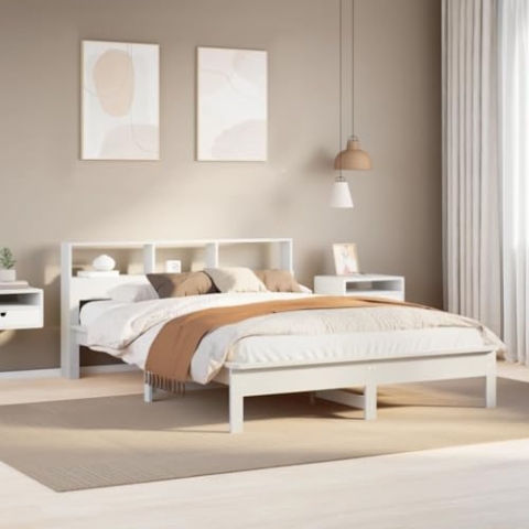 vidaXL Massivholzbett, Bett mit Bücherregal ohne Matratze, Bettgestell mit Lattenrost, Holzbett Doppelbett für Schlafzimmer, Weiß 120x200cm Kiefer