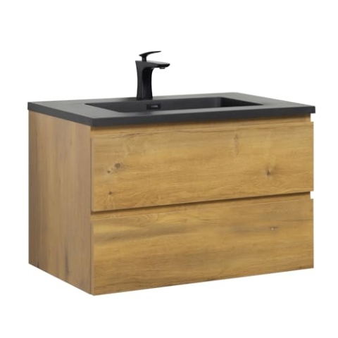 Badezimmer Badmöbel Set Angela 80 cm - Schwarzes Waschbecken - Eiche - Unterschrank Schrank Waschbecken Waschtisch