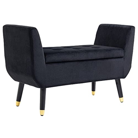 HOMCOM Sitzbank mit Stauraum Armlehnen Polsterbank mit Samtoptik, Sitztruhe mit Holzbeine, Truhenbank für Wohnzimmer Schlafzimmer Flur 107 x 42 x 65 cm, Schwarz