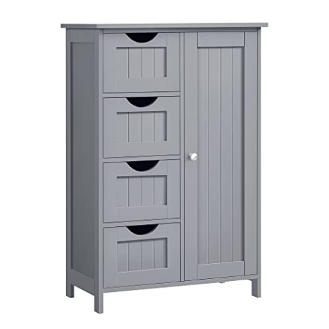VASAGLE Badezimmerschrank, schmaler Badschrank, Beistellschrank, Kommode, mit 4 Schubladen, Schranktür, verstellbare Ablage, 30 x 55 x 82 cm, Taubengrau LHC041P36