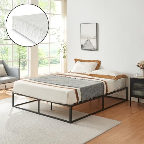 [en.casa] Metallbett mit Kaltschaum-Matratze Öko-Tex Standard 100 140x200cm Schwarz auf Stahlrahmen mit Lattenrost Bettgestell Jugendbett Gästebett Atmungsaktiv Allergikergeeignet