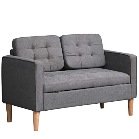 HOMCOM 2 Sitzer Sofa, Couch mit Stauraum, Holzbeine, Gepolsterter Polstersofa mit Samtoptik für Wohnzimmer, Schlafzimmer, 117x 62 x 78 cm, Grau
