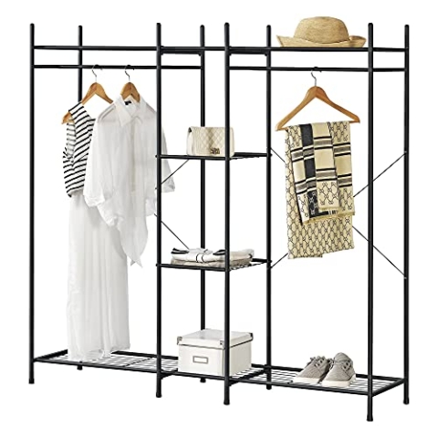 [en.casa] Garderobenständer 150x150x40cm Kleiderständer mit 2 Garderobenstangen 4 Ablagen Garderobenregal Schwarz