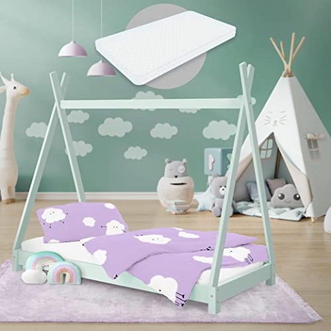 ML-Design Kinderbett Tipi 80x160 cm Mint mit Matratze & Lattenrost, Indianer Bett aus Massivholz, Kiefernholz, Hausbett für Mädchen & Jungen, Kinderhaus Jugendbett Holzbett Bettenhaus Spielbett Zelt