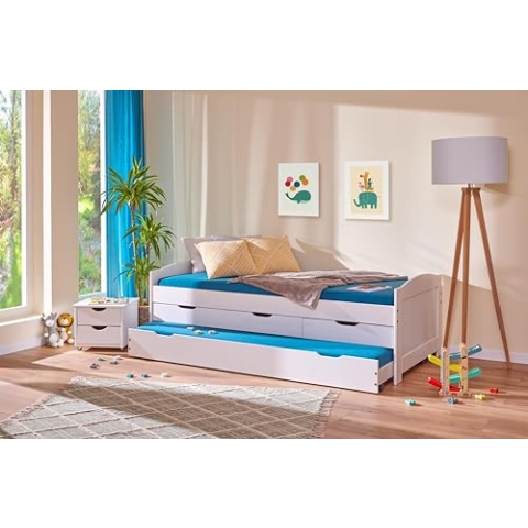 Inter Link - Funktionsbett - Kinderbett - Einzelbett mit Stauraum - Bett mit Schubladen - 2 Liegeflächen 90x200cm - Kiefer massivholz - inkl. Lattenrost - Weiß lackiert - Ulli 90x200cm