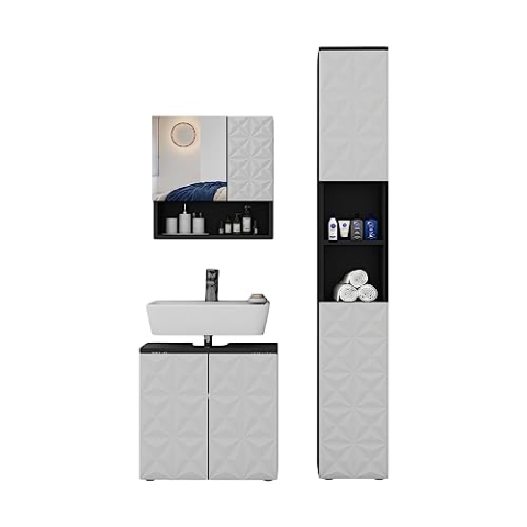 Vicco Badmöbel-Set Edge, Badezimmerschrank-Set, Schwarz/Weiß, 3 Teile, mit Hochschrank