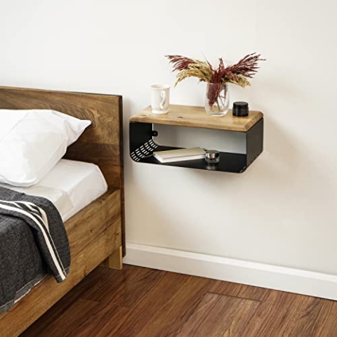 Schwebender Nachttisch mit Walnuss-Oberseite | Moderne Schlafzimmerdekoration | Minimalistischer Wand-Nachttisch | Wandmontiertes Regal | Obsidian-Oase: kräftiges Schwarz