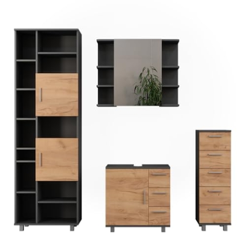 Vicco Badmöbel-Set Ilias, Anthrazit/Goldkraft Eiche, 4 Teile, mit Hochschrank und Midischrank