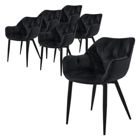 ML-Design Esszimmerstühle 6er Set Schwarz, Küchenstuhl mit dickem Samtstoff gepolsterter Sitz, Metallbeinen, Wohnzimmerstuhl mit Rücken- und Armlehnen, Gesteppter Polsterstuhl, Ergonomischer Sessel