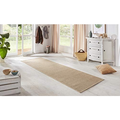 BT Carpet Nature Läufer In- und Outdoor – Schlingen Küchenläufer Rutschfest Flachgewebe Kurzflor Woll-Optik Fineloop Küchenteppich für Flur, Küche, Garten, Terrasse, Badezimmer – Naturbeige, 80x150cm