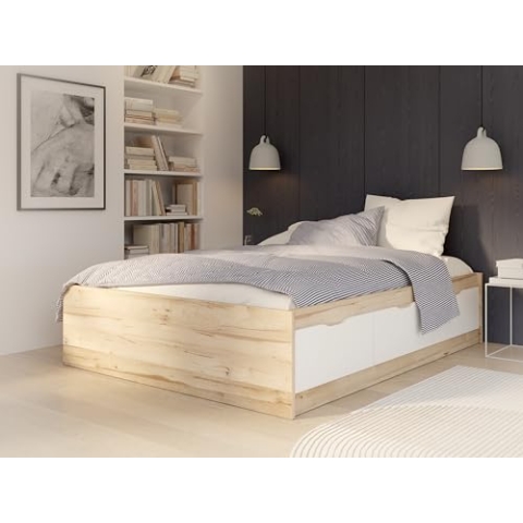 FORTE VANKKA Jugendbett 150, modernes Bett mit 3 Schubladen, Jugendzimmer, Kinderzimmer, Holzwerkstoff, Stabeiche Holzdekor/Weiß, 150,5 cm breit x 43 cm hoch x 194,9 cm tief