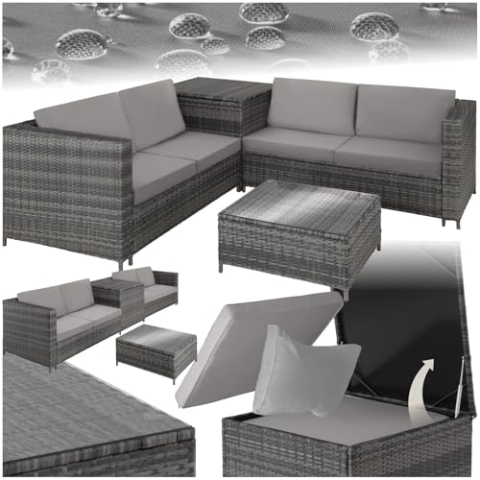 tectake Polyrattan Sitzgruppe für 4 Personen, Balkon Garnitur mit Sitzkissen, Aufbewahrungsbox draußen sowie Outdoor Couchtisch mit Glasplatte, Balkonmöbel Rattan - grau/hellgrau