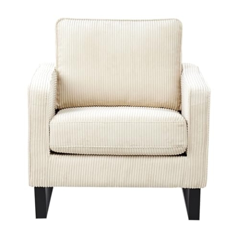 Retro Sessel Cord hellbeige mit Armlehnen schwarze Füße aus Edelstahl Vind