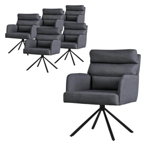 ML-Design Esszimmerstühle drehbar 6er Set Anthrazit, Wohnzimmerstühle mit Arm- und Rückenlehne, Drehstühle Auto-Position, Polsterstühle mit Polyesterbezug & Rückenkissen, Küchenstühle mit Metallbeine