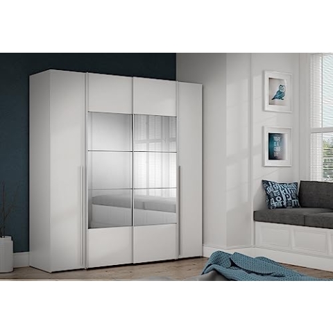 Forte Narago Schrank 200 210, weißer Kleiderschrank mit Spiegel, Schwebetürenschrank mit Drehtüren, Weiß Matt, 200,1 cm breit x 210,5 cm hoch x 61,2 cm tief