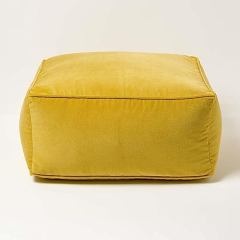 Homescapes Sitzpouf Samt senfgelb 60x60x27 cm, Sitzsack quadratisch, Sitzquader Bodenkissen Baumwollsamt