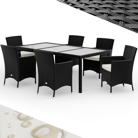 Casaria® Polyrattan Gartenmöbel Set 13 teilig Stühle stapelbar inkl. 7cm Auflagen 190x90cm Gartentisch Terrasse Balkon Möbel Sitzgruppe Essgruppe Schwarz
