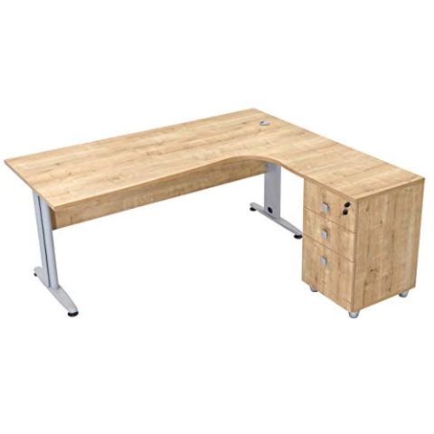 Furni24 Schreibtisch Winkelschreibtisch, Eckschreibtisch, Moderner Bürotisch Computertisch mit großer Arbeitsfläche, Bürotisch,PC Tisch, Dona Eiche 180x120x74cm inkl.Beistellcontainer rechts gewinkelt