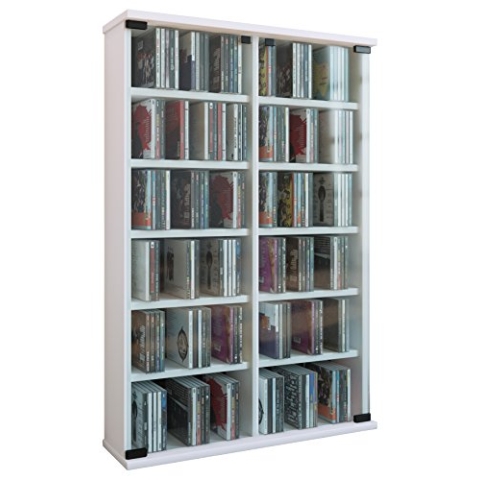VCM CD Regal Holz | CD Schrank mit ESG-Sicherheitsglastüren für 300 CDs oder 130 DVDs oder 72-Videos| Maße: H. 92 x B. 60 x T. 18 cm | Elegantes DVD Regal | Blu ray Regal | CD Regal - Roma Weiß