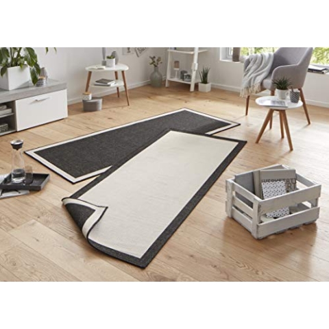 NORTHRUGS In- und Outdoor Teppich Panama 80x250cm - Wendeteppich Wetterfest Modernes Uni Design mit Bordüre Läufer für Balkon Terrasse Garten Wintergarten Wohnzimmerteppich Wasserfest in Schwarz Creme