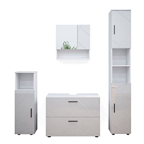 Vicco Badmöbel-Set Irma, Weiß Hochglanz, 4 Teile, mit Schubladenschrank und Hochschrank