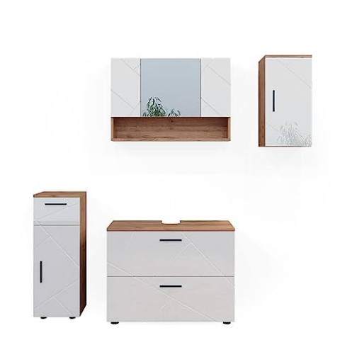 Vicco Badmöbel-Set Irma, Badezimmerschrank-Set, Eiche/Weiß Hochglanz, 4 Teile