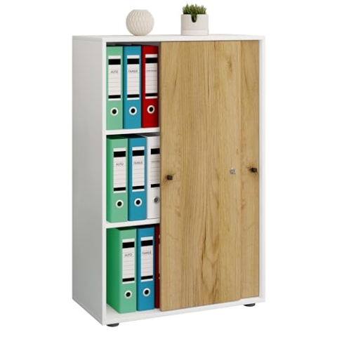 VCM Büroschrank mit 3 Fächern | moderner Aktenschrank mit Schiebetüren | Maße ca. B. 70 x H. 111 x T. 40 cm – Lona 3-Fach Weiß/Honig-Eiche