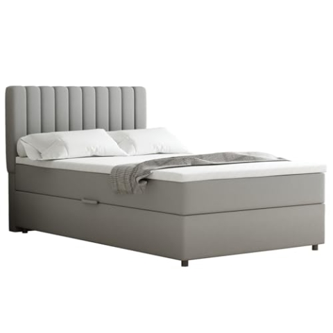 PANDA MÖBEL Boxspringbett Everest, 120x200, Polsterbett mit Bettkasten und Topper- hellgrau