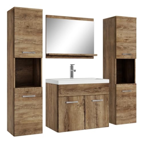 Badplaats B.V. Badezimmer Badmöbel Set Montreal XL 60cm Waschbecken Braun Eiche - Unterschrank Hochschrank Waschtisch Möbel