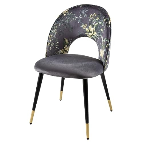 Riess Ambiente Design Stuhl PRÊT-À-Porter grau Samt florales Muster und goldene Fußkappen