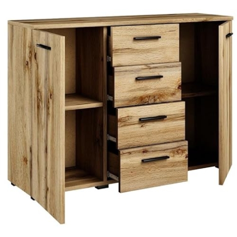 MATKAM Kommode Helena B120 x H84,5 x T35 cm, Sideboard mit 4 Schubladen und 2 Fächer mit Türen, ideal für Büro, Diele, Wohnzimmer, Jugend- oder Kinderzimmer (Wotan Eiche)