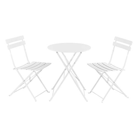 [en.casa] Bistroset Caprile Balkonset 3-TLG. Bistrotisch mit 2 Stühlen Essgruppe Sitzgruppe Stahl Gartenmöbel Set Balkonmöbel Gartenset klappbar Gartengarnitur Weiß