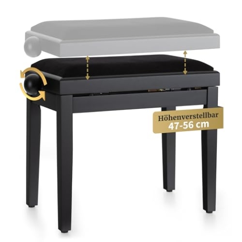 Classic Cantabile Pianobank Schwarz-matt - Höhenverstellbar von 47-56cm - Klavierhocker mit Spindelmechanik - Klavierbank Sitzfläche 55 x 32cm - Schwarzer Klavierstuhl mit Velourbezug, stabil