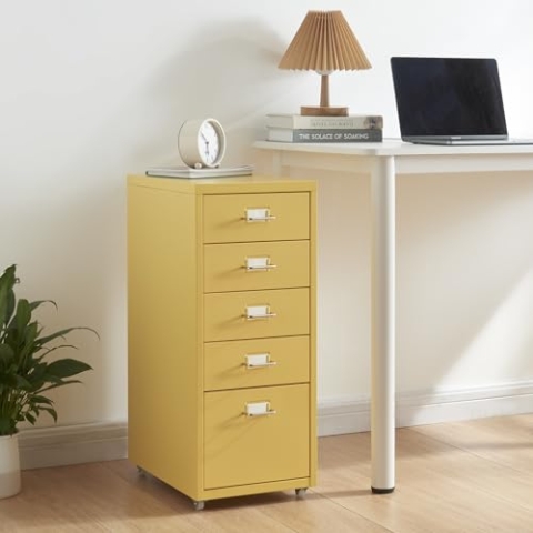 [en.casa] Rollcontainer Kökar Schubladenschrank Metall Aktenschrank mit 5 Schubladen Bürowagen mit Rollen für Arbeitszimmer 69 x 28 x 41 cm Gelb
