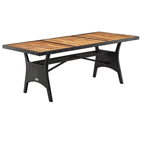 Casaria® Polyrattan Gartentisch mit Ablage FSC®- zertifiziertes Akazienholz 190x90cm Höhenverstellbar Wetterfest Garten Terrasse Esstisch Tisch Schwarz