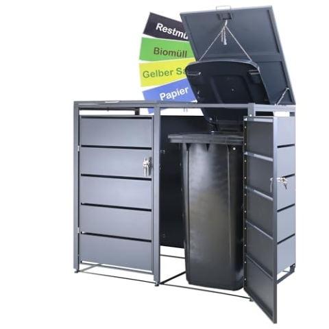 ALBATROS Mülltonnenbox 2er Tonne | bis 240 Liter | Anthrazitgrau RAL 7016 | verzinkter Stahl | Premium Dämpfer| Aufkleber-Set | wetterfest| verstellbare Füße| Türgriff mit Schloss | Gartenbox