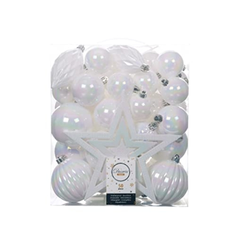 Kaemingk Weihnachtskugeln Kunststoff 5-8cm mit Christbaumspitze Stern 50er Set bruchsicher Weiß irisierend