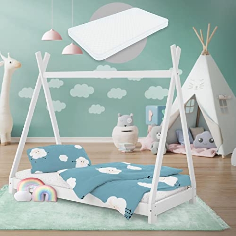 ML-Design Kinderbett Tipi 80x160 cm Weiß mit Matratze & Lattenrost, Indianer Bett aus Massivholz, Kiefernholz, Hausbett für Mädchen & Jungen, Kinderhaus Jugendbett Holzbett Bettenhaus Spielbett Zelt