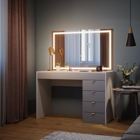 Vicco Schminktisch Elise, Kosmetiktisch mit Spiegel, Weiß/Grau, 115 cm mit LED-Spiegel