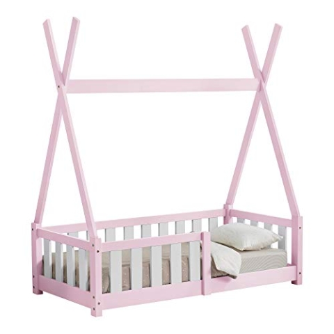 [en.casa] Kinderbett Helsingborg 70 x 140 cm mit Rausfallschutz Lattenrost Tipi Zelt Jugendbett Bettgestell Kiefernholz Holzbett für Kinder Rosa