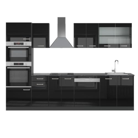 Vicco Küchenzeile R-Line, Schwarz Hochglanz/Anthrazit, 300 cm mit Hochschrank, ohne Arbeitsplatte