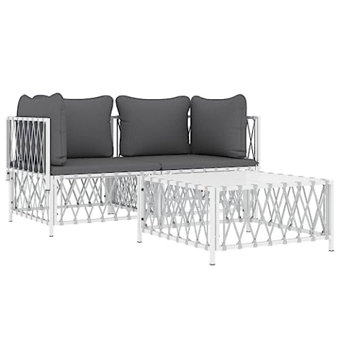 vidaXL Garten Lounge Set 3-TLG., Gartenmöbel Set mit Kissen, Sitzgruppe für Garten Terrasse, Modular Sofa Garnitur Loungemöbel, Weiß Stahl