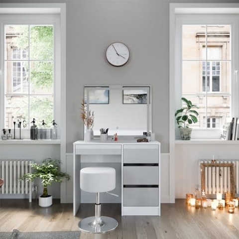 Vicco Schminktisch Sherry, Weiß Hochglanz, 90 cm mit LED-Spiegel und Hocker