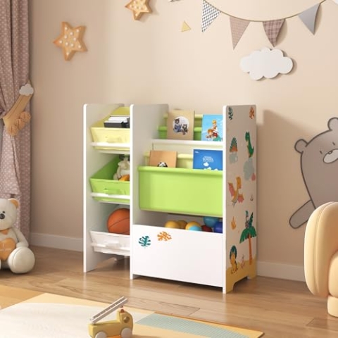 [en.casa] Kinderregal Vimianzo Bücherregal mit 4 Ablagefächern Bücherkiste 3 Faltboxen Spielzeugregal Dinosaurier-Motiv Weiß Grün Gelb Kinderzimmer Organizer Staufach